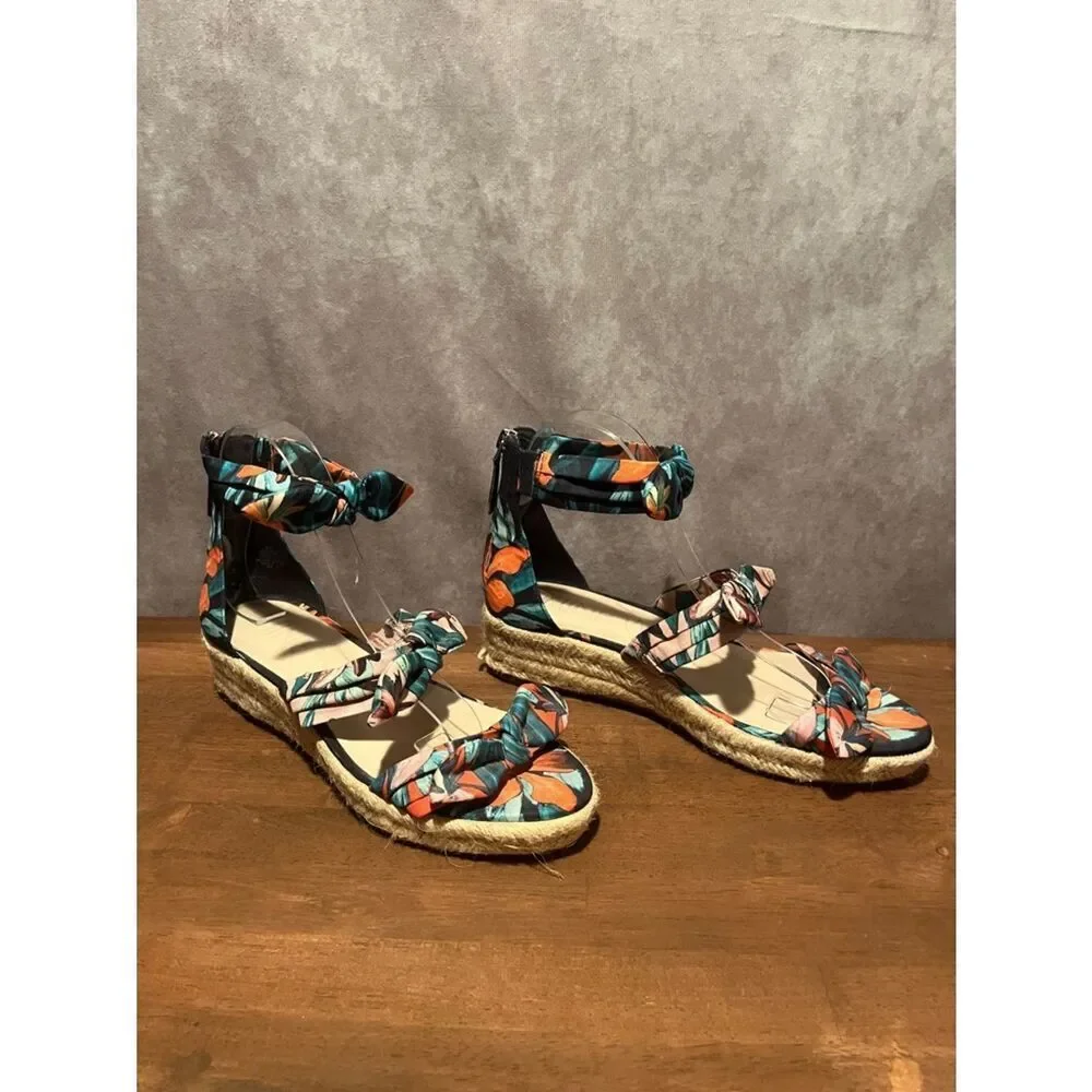 Nine West Floral Espadrille 3 Bow Allegro Ankle-Tie Sandals Teal & Coral size 8